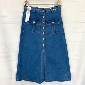Vintage Violet High Rise Denim Midi Skirt Women Size M Blue A-line Utility NWT